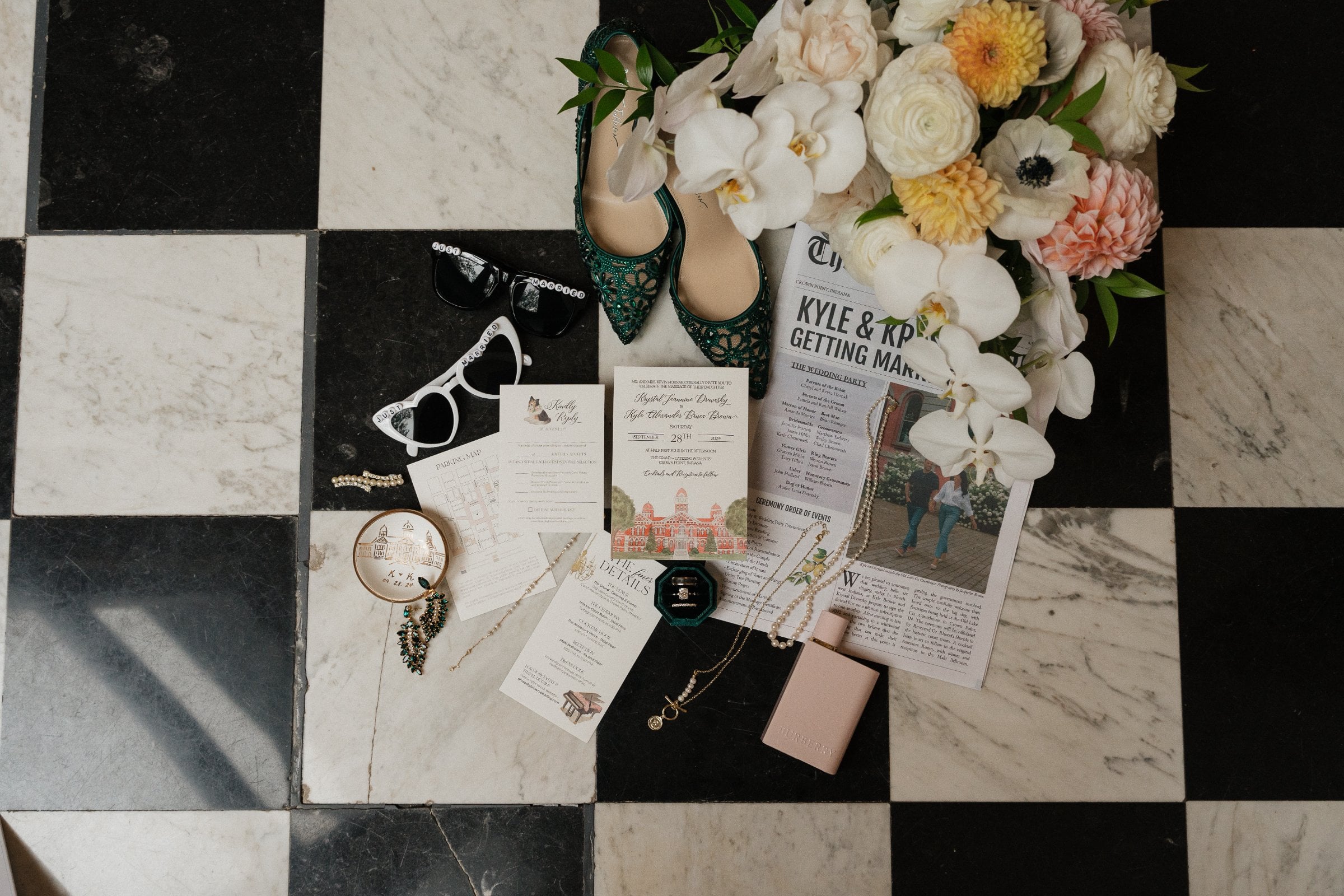 The Style - Accessories, Bouquet, Flat Lays from Vintage Glamour Wedding in Northwest Indiana